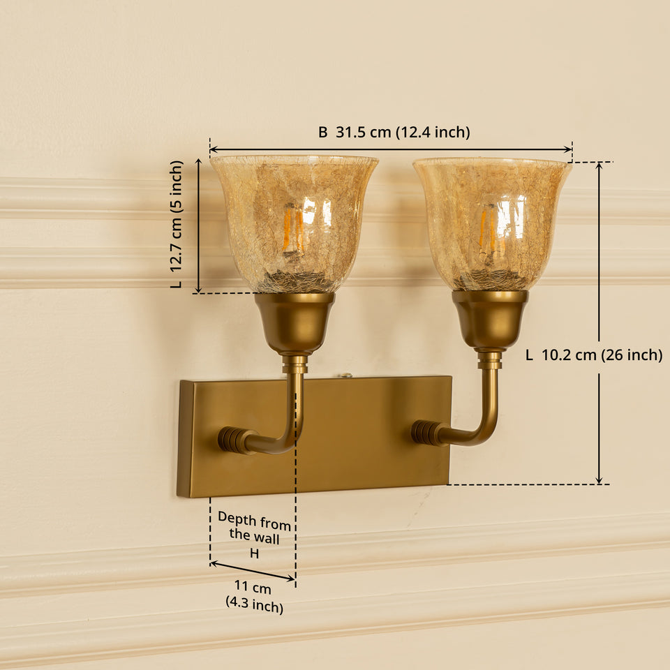 Divine Trends Brass Antique Finish Double Elbow Wall Lamp with Cup Crackled Glass Golden Luster Shade