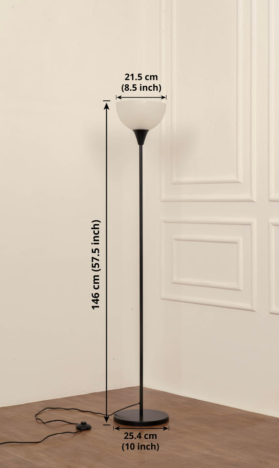 Divine Trends Uplighter Black Polished Finish Floor Lamp for Living Room with Frosted Glass Lampshade | Includes LED Warm Bulb | Hidden Wire Design | Uplight Corner Standing Lamp for Home | Pack of 1