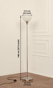 Divine Trends Uplighter Satin Nickel Finish Floor Lamp for Living Room with Frosted Glass Lampshade | Includes LED Warm Bulb | Hidden Wire Design | Uplight Corner Standing Lamp for Home | Pack of 1