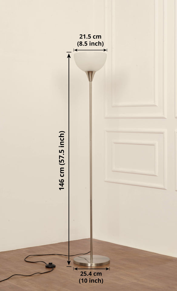 Divine Trends Uplighter Satin Nickel Finish Floor Lamp for Living Room with Frosted Glass Lampshade | Includes LED Warm Bulb | Hidden Wire Design | Uplight Corner Standing Lamp for Home | Pack of 1