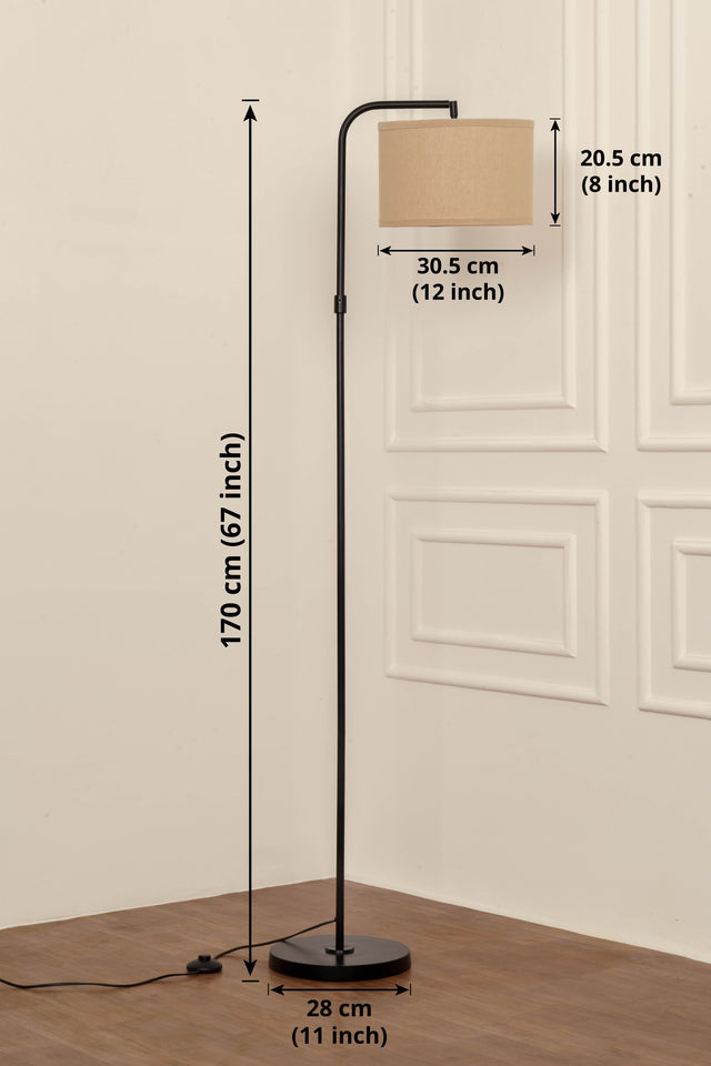 Divine Trends Black Polished Task Floor Lamp – Adjustable, 6 ft with Off-White Piping Fabric Shade