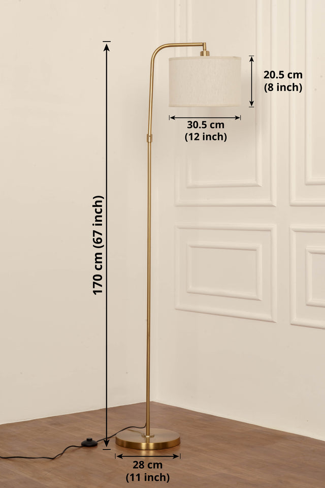 Divine Trends Antique Brass Finish Task Floor Lamp – Adjustable, 6 ft, Off-White Piping Fabric Shade