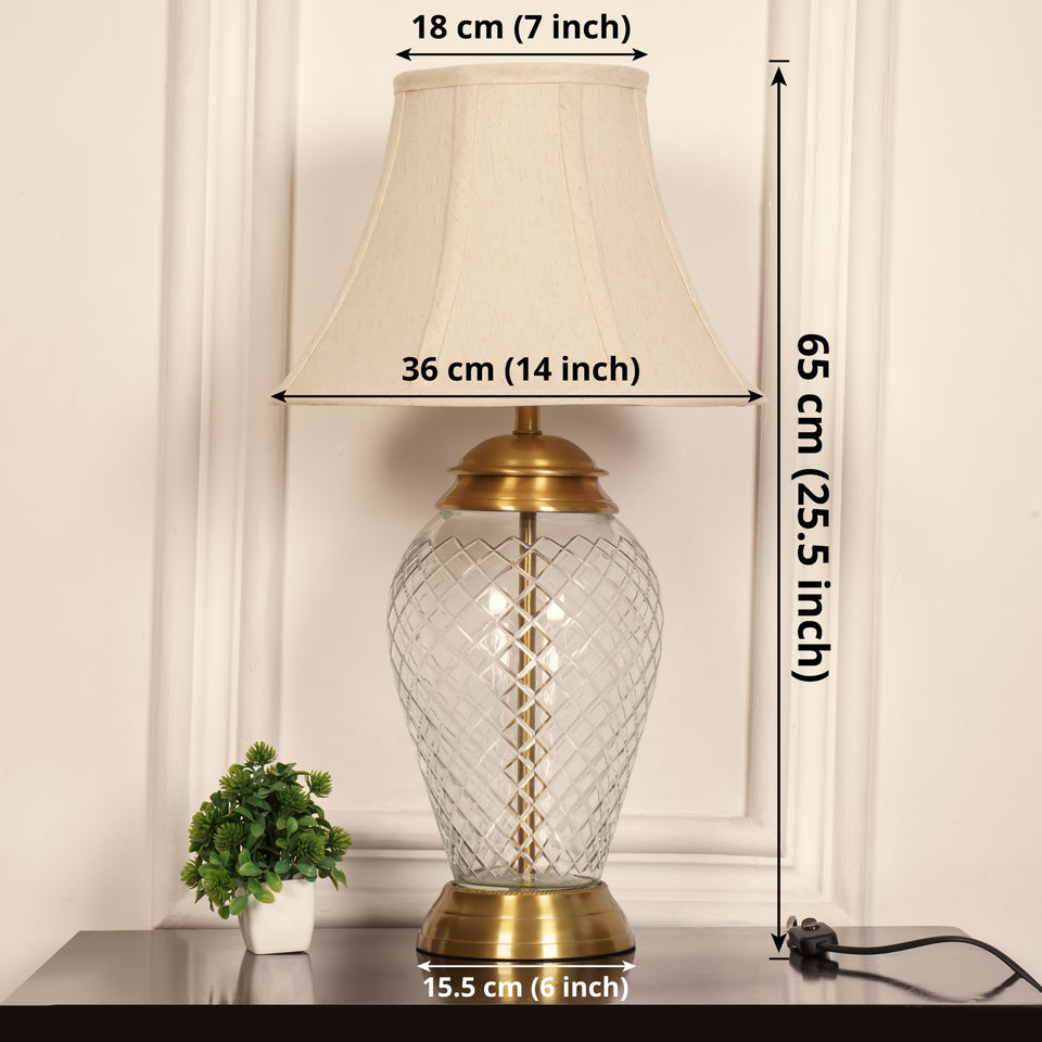 Divine Trends Glass Table Lamp Royal Brass Antique Finish Diamond Cut Glass Off White Bell 14 inches Lampshade Bedside, Living Room, Bedroom, Home Decoration, Hotel
