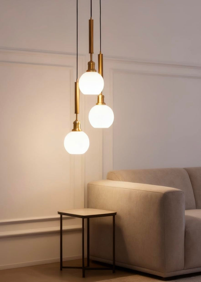 Divine Trends Triple Globe Hanging Pendant Light Antique Brass Finish with Frosted Milky White Glass | Hanging Lamp for Living Room | Chandelier Ceiling Lamp - Pack of 1