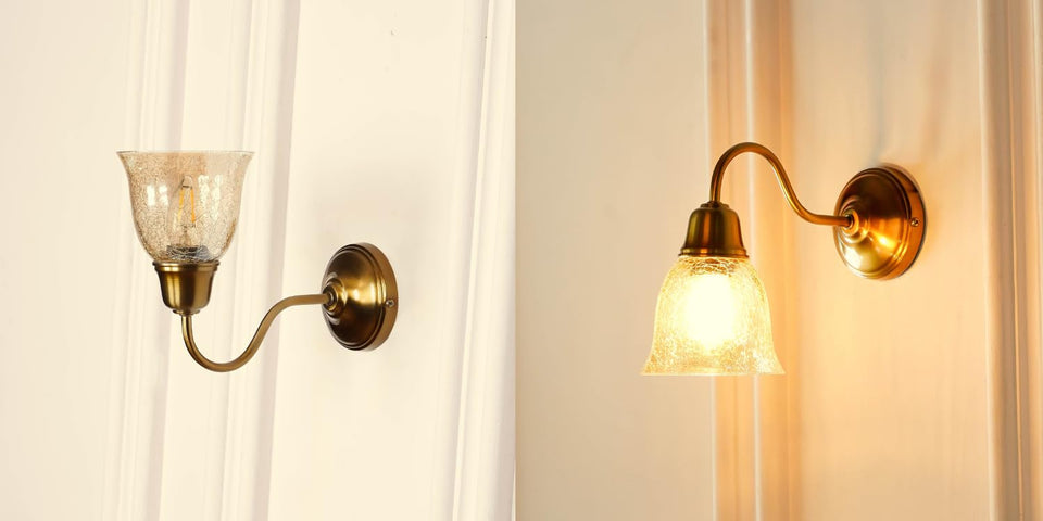 Divine Trends Brass Antique Finish Wall Lamp with Cup Glass Crackled Golden Luster Shade