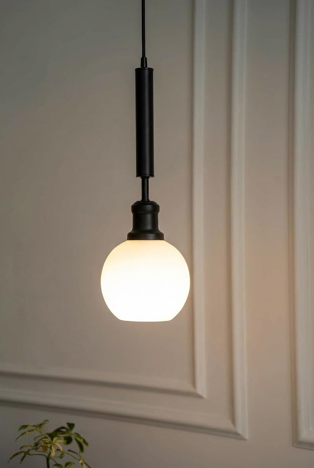 Divine Trends Globe Hanging Pendant Light Black Polished with Frosted Milky White Glass | Hanging Lamp for Living Room | Pendant Ceiling Lamp - Pack of 1