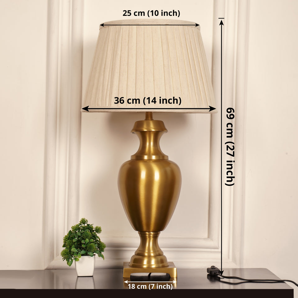 Divine Trends Royal Brass Antique Gold Trophy Table Lamp Off White Pleated 14 inches Lampshade Bedside Stylish, Living Room, Bedroom, Home Decoration, Hotel