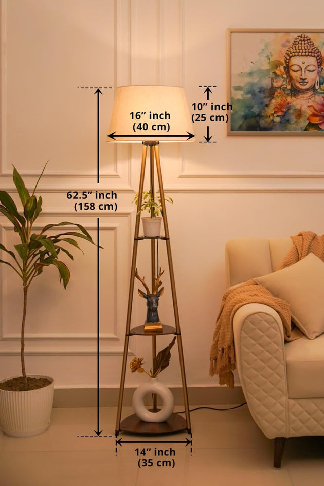 Divine Trends 3 Shelves Floor Lamp Brass Antique Finish 5 Feet Height with 16” Diameter Off White LampShade for Living Room, Bedroom, Home Decoration | Led Bulb Included - Pack of 1