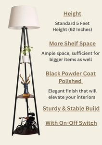 Divine Trends 3 Shelves Floor Lamp Black Polished 5 Feet Height with 16” Diameter Off White Shade for Living Room, Bedroom, Home Decoration | Led Bulb Included - Pack of 1