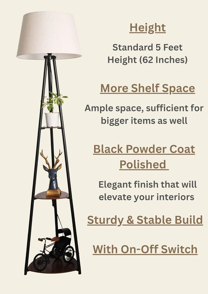 Divine Trends 3 Shelves Floor Lamp Black Polished 5 Feet Height with 16” Diameter Off White Shade for Living Room, Bedroom, Home Decoration | Led Bulb Included - Pack of 1