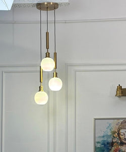 Divine Trends Triple Globe Hanging Pendant Light Antique Brass Finish with Frosted Milky White Glass | Hanging Lamp for Living Room | Chandelier Ceiling Lamp - Pack of 1