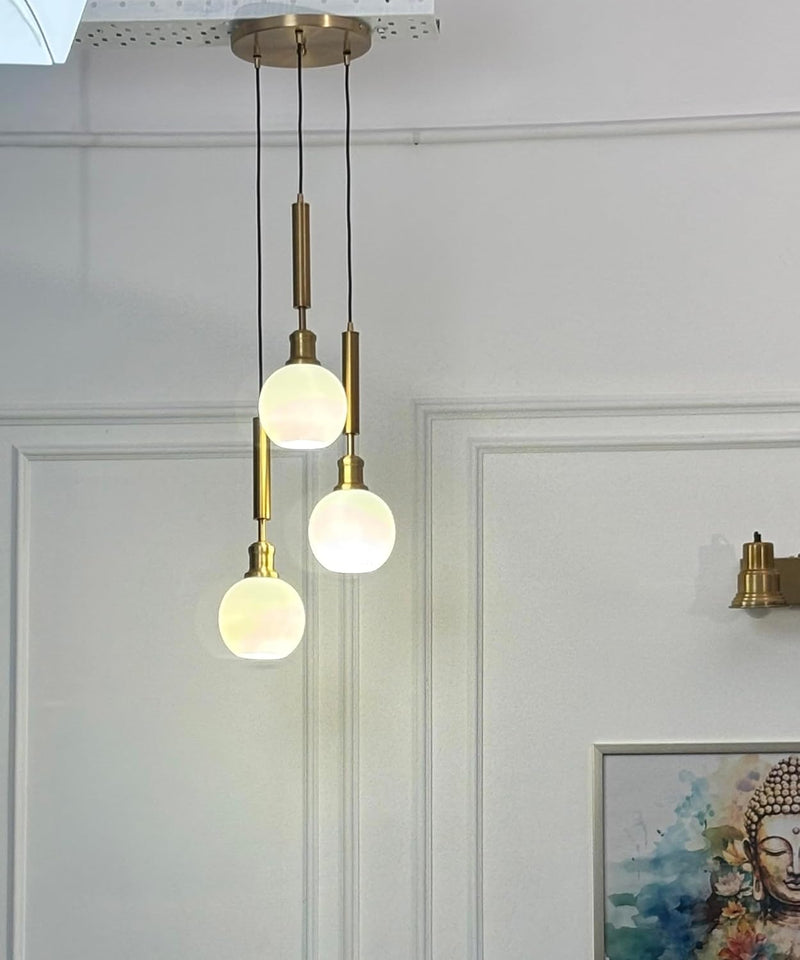 Divine Trends Triple Globe Hanging Pendant Light Antique Brass Finish with Frosted Milky White Glass | Hanging Lamp for Living Room | Chandelier Ceiling Lamp - Pack of 1