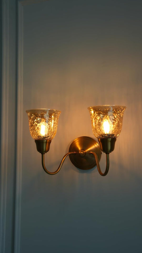 Divine Trends Brass Antique Finish Double Curved Wall Lamp with Cup Crackled Glass Shades