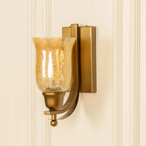 Divine Trends Brass Antique Finish J Wall Lamp with Chimney Crackled Glass Golden Luster Shade