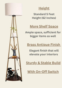 Divine Trends 3 Shelves Floor Lamp Brass Antique Finish 5 Feet Height with 14” Diameter Off White Drum Shade for Living Room, Bedroom, Home Decoration | Led Bulb Included - Pack of 1