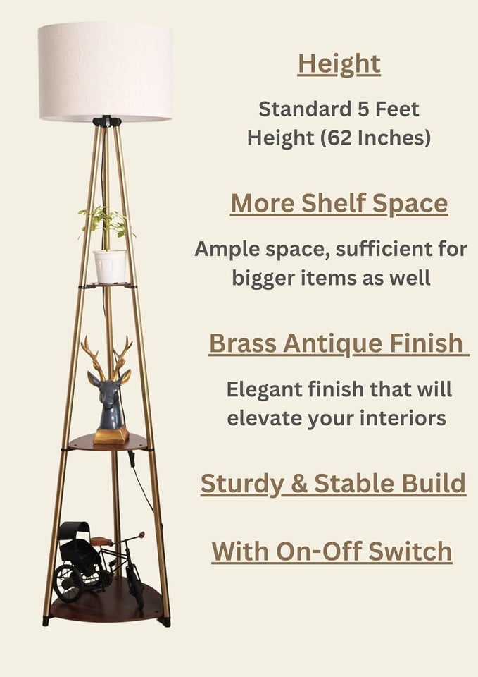 Divine Trends 3 Shelves Floor Lamp Brass Antique Finish 5 Feet Height with 14” Diameter Off White Drum Shade for Living Room, Bedroom, Home Decoration | Led Bulb Included - Pack of 1