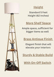 Divine Trends 3 Shelves Floor Lamp Brass Antique Finish 5 Feet Height with 14” Diameter Off White Drum Shade for Living Room, Bedroom, Home Decoration | Led Bulb Included - Pack of 1