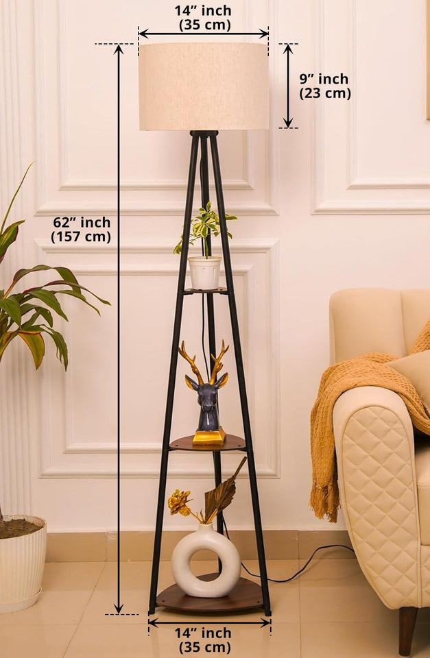 Divine Trends 3 Shelves Floor Lamp Black Polished 5 Feet Height with 14” Diameter Off White Drum Shade for Living Room, Bedroom, Home Decoration | Led Bulb Included - Pack of 1