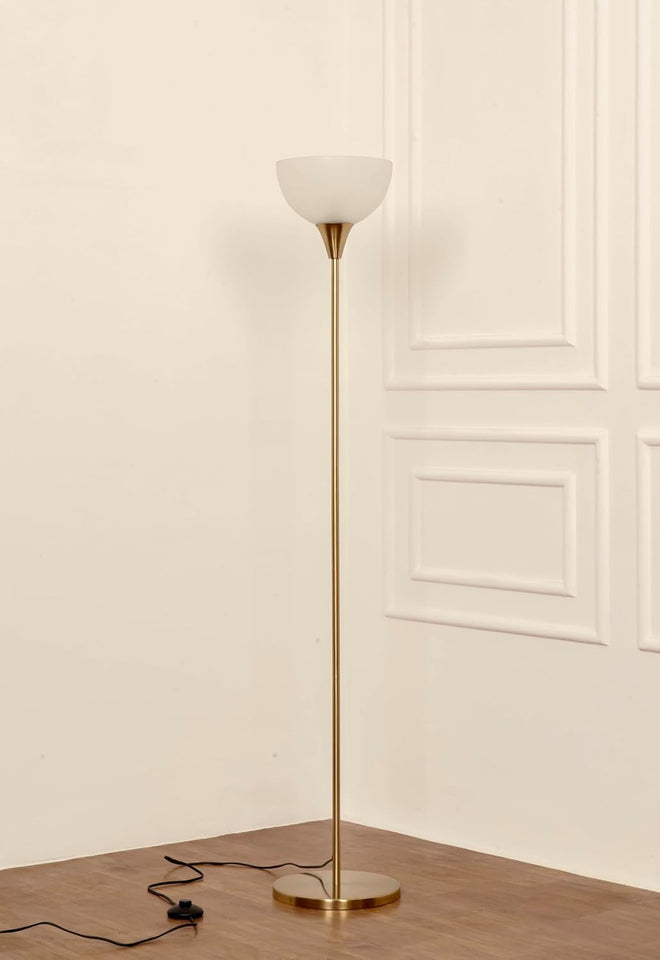Divine Trends Uplighter Brass Antique Finish Floor Lamp for Living Room with Frosted Glass Lampshade | Includes LED Warm Bulb | Hidden Wire Design | Uplight Corner Standing Lamp for Home | Pack of 1