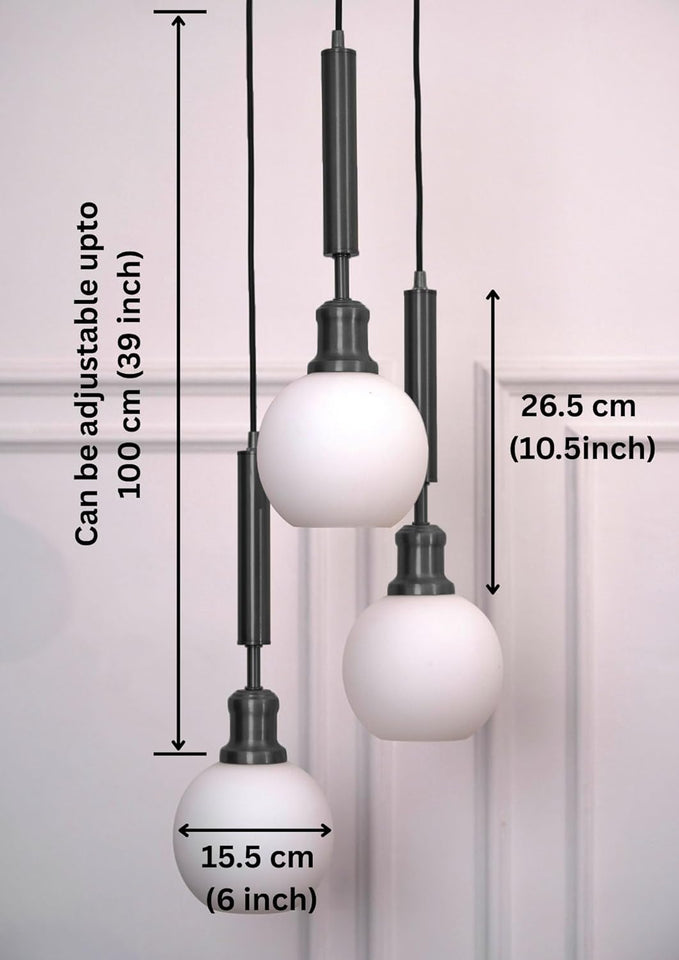 Divine Trends Triple Globe Hanging Pendant Light Black Polished with Frosted Milky White Glass | Hanging Lamp for Living Room | Chandelier Ceiling Lamp - Pack of 1