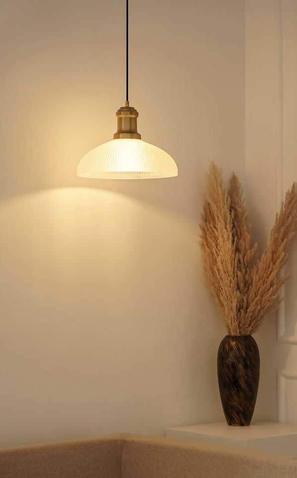 Divine Trends Half Ribbed Frosted Glass Pendant Hanging Light with Antique Brass Finish Pack of 1