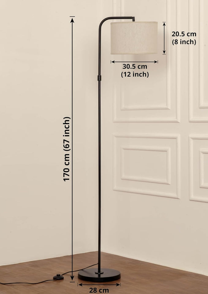 Divine Trends Modern Arc Floor Lamp Black Polished with Adjustable Shade 6Ft Height with 12 inches Off White Drum Lampshade Pack of 1 - Led Bulb Included