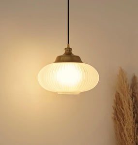 Divine Trends Ribbed Frosted Melon Glass Hanging Pendant Light Antique Brass Finish Pack of 1