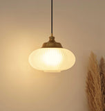 Divine Trends Ribbed Frosted Melon Glass Hanging Pendant Light Antique Brass Finish Pack of 1