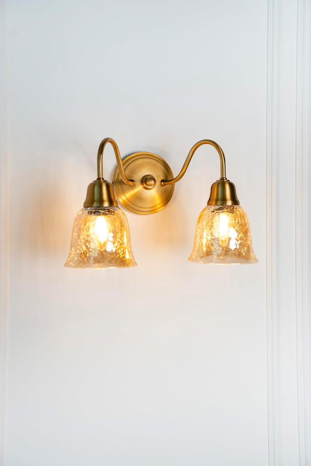Divine Trends Brass Antique Finish Double Curved Wall Lamp with Cup Crackled Glass Shades