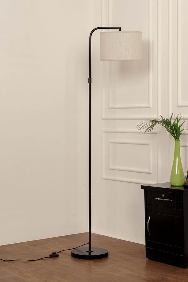 Divine Trends Modern Arc Floor Lamp Black Polished with Adjustable Shade 6Ft Height with 12 inches Off White Drum Lampshade Pack of 1 - Led Bulb Included