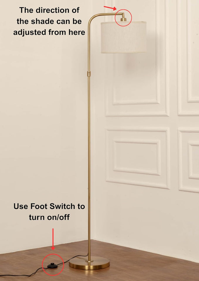 Divine Trends Modern Arc Floor Lamp Brass Antique Finish with Adjustable Shade 6Ft Height with 12 inches Off White Drum Lampshade Pack of 1 - Led Bulb Included