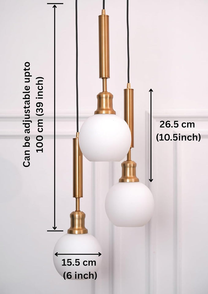 Divine Trends Triple Globe Hanging Pendant Light Antique Brass Finish with Frosted Milky White Glass | Hanging Lamp for Living Room | Chandelier Ceiling Lamp - Pack of 1