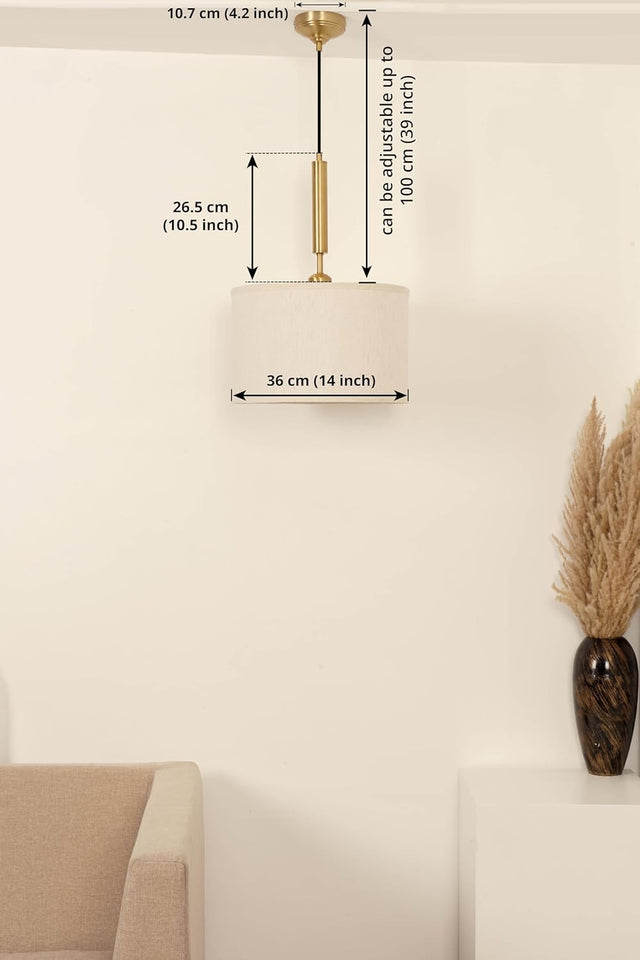 Divine Trends Brass Antique Cotton Fabric Lamp Shade Pendant Hanging Light 14" Diameter Off White Shade