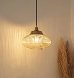 Divine Trends Ribbed Golden Luster Melon Glass Hanging Pendant Light Antique Brass Finish - Pack of 1