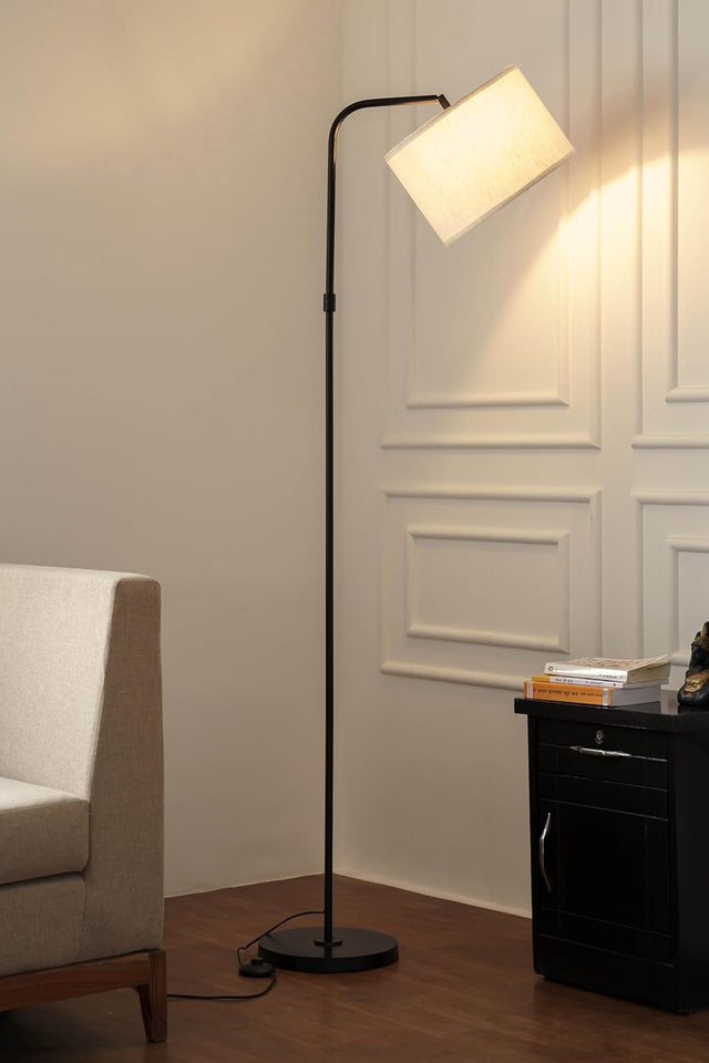 Divine Trends Modern Arc Floor Lamp Black Polished with Adjustable Shade 6Ft Height with 12 inches Off White Drum Lampshade Pack of 1 - Led Bulb Included