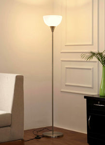 Divine Trends Uplighter Satin Nickel Finish Floor Lamp for Living Room with Frosted Glass Lampshade | Includes LED Warm Bulb | Hidden Wire Design | Uplight Corner Standing Lamp for Home | Pack of 1