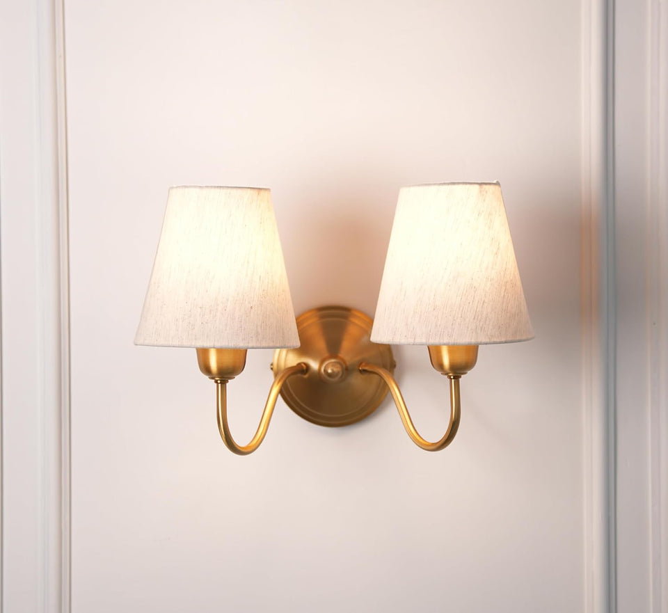 Divine Trends Brass Antique Finish Double Curved Wall Lamp with Off White Lampshades