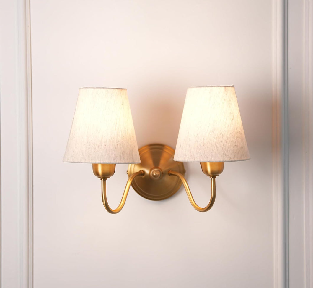 Divine Trends Brass Antique Finish Double Curved Wall Lamp with Off White Lampshades