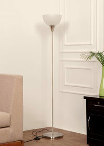 Divine Trends Uplighter Satin Nickel Finish Floor Lamp for Living Room with Frosted Glass Lampshade | Includes LED Warm Bulb | Hidden Wire Design | Uplight Corner Standing Lamp for Home | Pack of 1