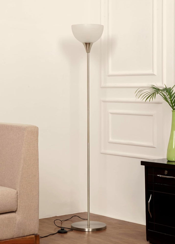Divine Trends Uplighter Satin Nickel Finish Floor Lamp for Living Room with Frosted Glass Lampshade | Includes LED Warm Bulb | Hidden Wire Design | Uplight Corner Standing Lamp for Home | Pack of 1