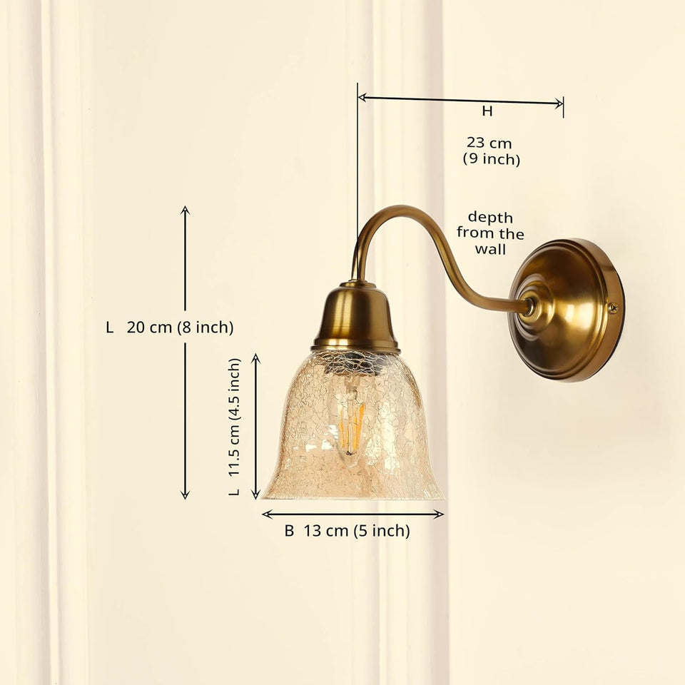 Divine Trends Brass Antique Finish Wall Lamp with Cup Glass Crackled Golden Luster Shade