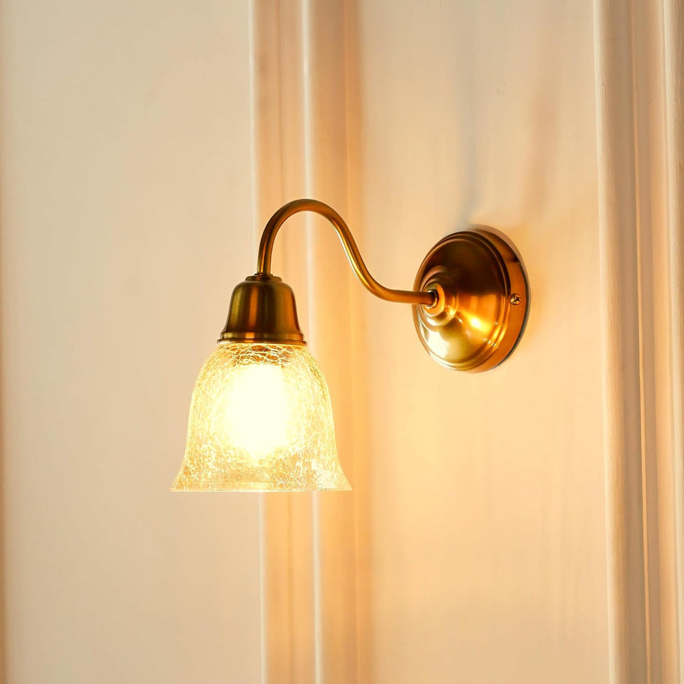 Divine Trends Brass Antique Finish Wall Lamp with Cup Glass Crackled Golden Luster Shade