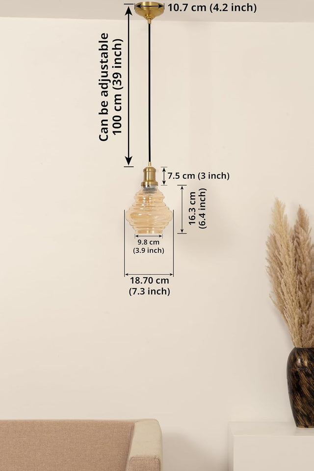 Divine Trends Spiral Golden Luster Glass Hanging Pendant Light Antique Brass Finish for Living Room, Bedroom | Ceiling Lamps for Home Decoration, Kitchen, Dining - Pack of 1