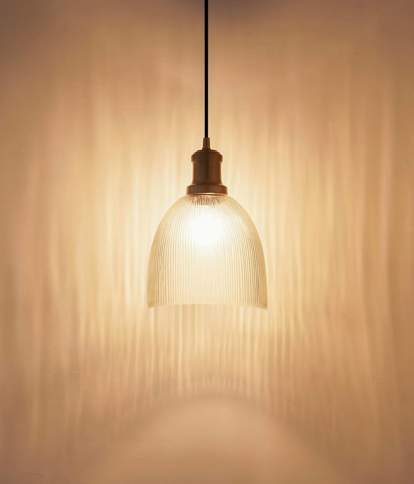 Divine Trends Grooved Transparent Glass Hanging Pendant Light with Antique Brass Finish | Hanging Lights for Living Room, Bedroom, Kitchen, Dining | Pendant Lamp for Restaurant Cafes - Pack of 1