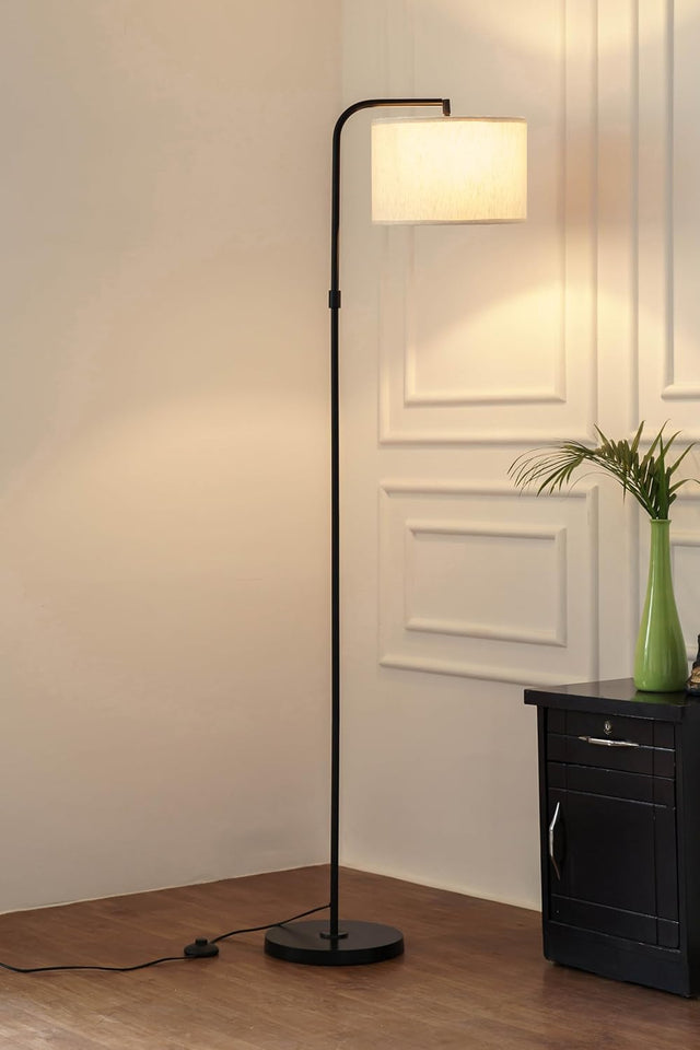 Divine Trends Modern Arc Floor Lamp Black Polished with Adjustable Shade 6Ft Height with 12 inches Off White Drum Lampshade Pack of 1 - Led Bulb Included