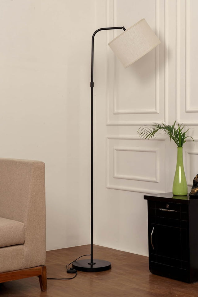Divine Trends Modern Arc Floor Lamp Black Polished with Adjustable Shade 6Ft Height with 12 inches Off White Drum Lampshade Pack of 1 - Led Bulb Included