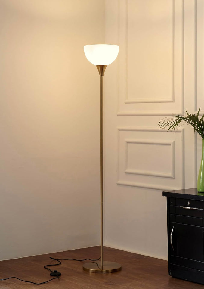 Divine Trends Uplighter Brass Antique Finish Floor Lamp for Living Room with Frosted Glass Lampshade | Includes LED Warm Bulb | Hidden Wire Design | Uplight Corner Standing Lamp for Home | Pack of 1