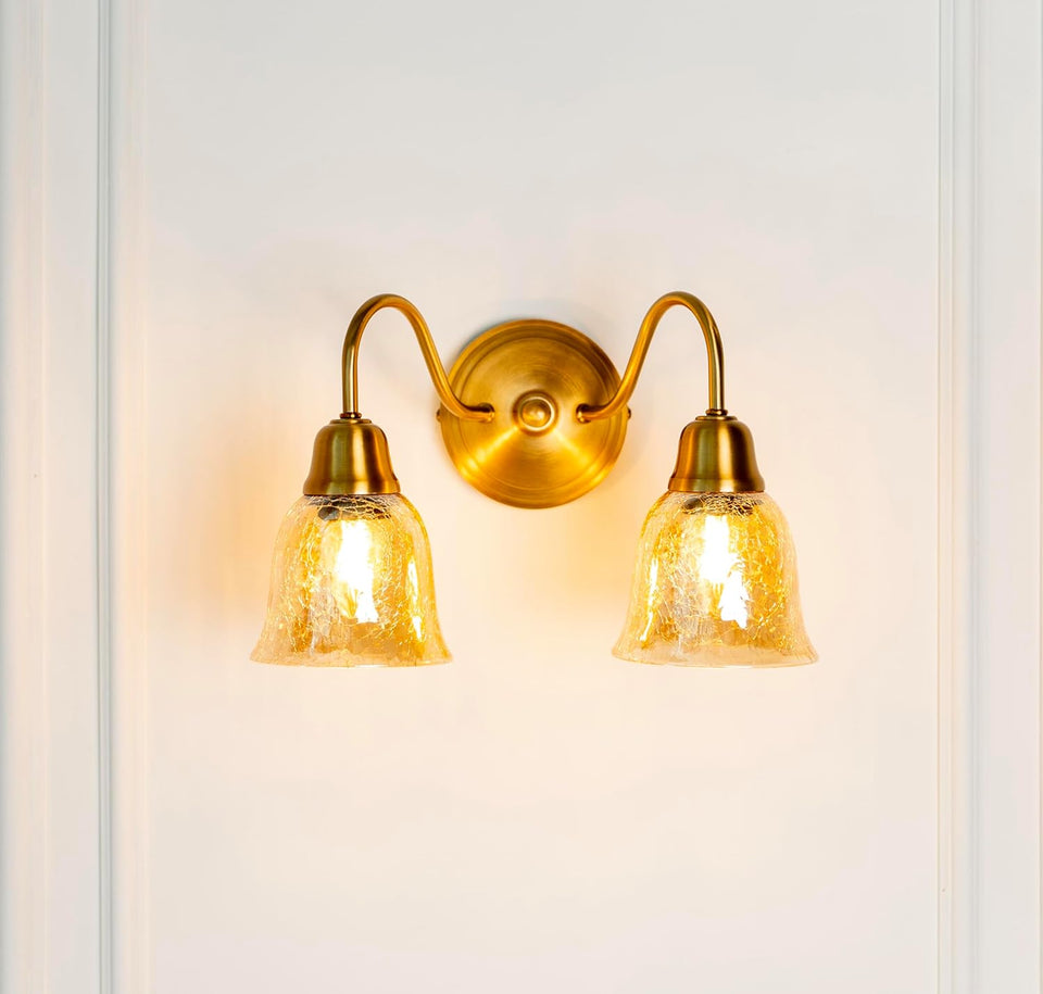 Divine Trends Brass Antique Finish Double Curved Wall Lamp with Cup Crackled Glass Shades
