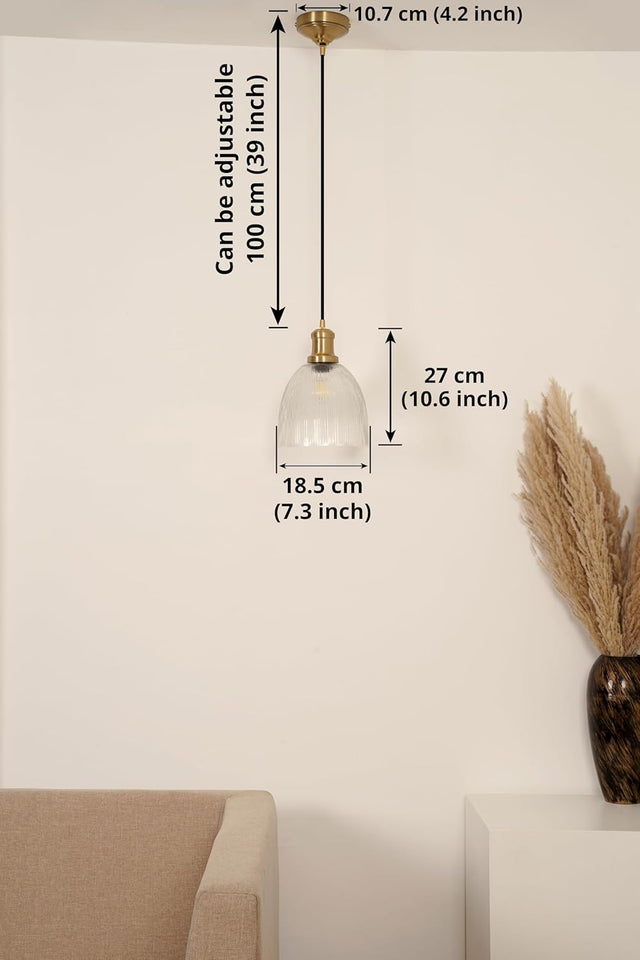 Divine Trends Grooved Transparent Glass Hanging Pendant Light with Antique Brass Finish | Hanging Lights for Living Room, Bedroom, Kitchen, Dining | Pendant Lamp for Restaurant Cafes - Pack of 1