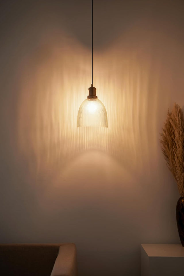 Divine Trends Grooved Transparent Glass Hanging Pendant Light with Antique Brass Finish | Hanging Lights for Living Room, Bedroom, Kitchen, Dining | Pendant Lamp for Restaurant Cafes - Pack of 1